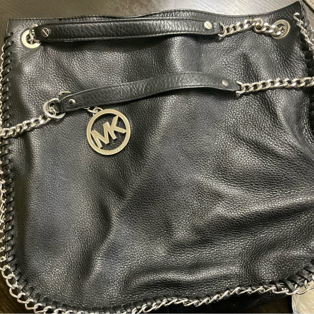 Michael Kors Black Leather Tote with Chain Accents